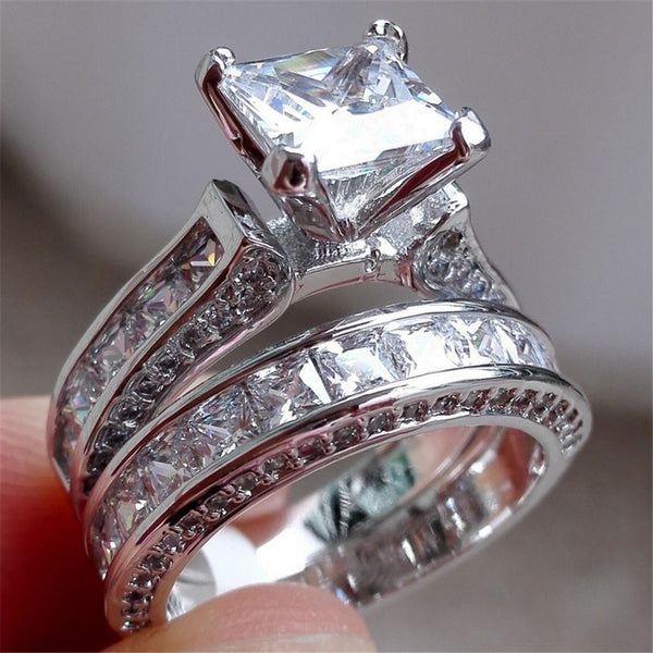 Couple Rings His Her Silver Color Princess Cut CZ Anniversary Promise Wedding Engagement Ring Sets