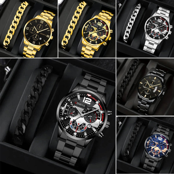 2pcs Men's New Popular Fashion Business Three Eye Quartz Watch Bracelet Set Valentine's Day Gifts